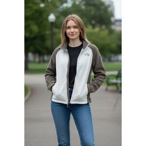 The North Face Womens Size XL Full-Zip Fleece Sweater Jacket Brown White Logo